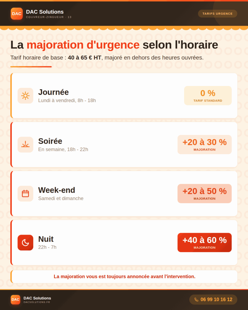 Majoration du tarif d'un couvreur en urgence selon l'horaire : journée, soirée, week-end et nuit.